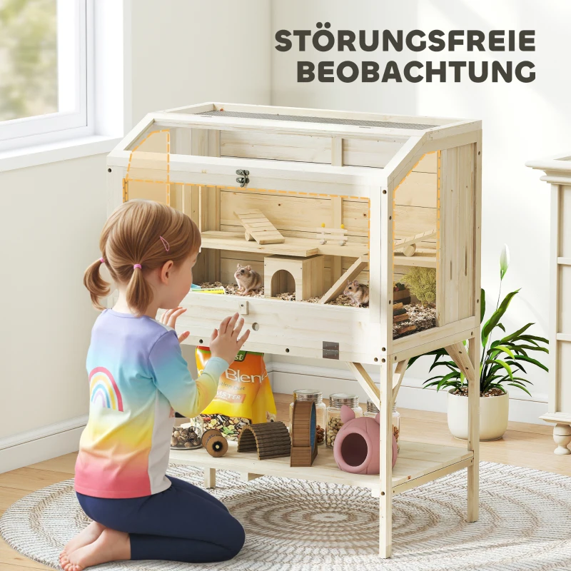 PawHut Hamsterkäfig, 2 Ebenen, Kleintierkäfig mit Aufbewahrungsfach, Zubehör, 84 x 53 x 110 cm, Naturholz