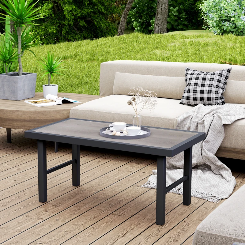 Outsunny Mesa de centro de jardim retangular com tampo SPC efeito madeira em metal, 100 x 52 x 46 cm, preto