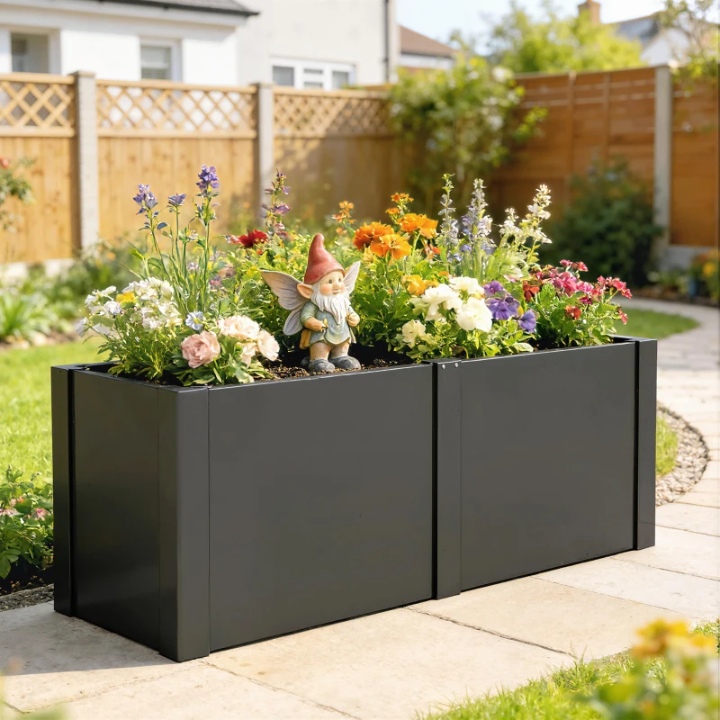 Outsunny Canteiro Elevado em Aço Galvanizado 150x53x55 cm Caixa de Plantio Exterior com Divisor Preto