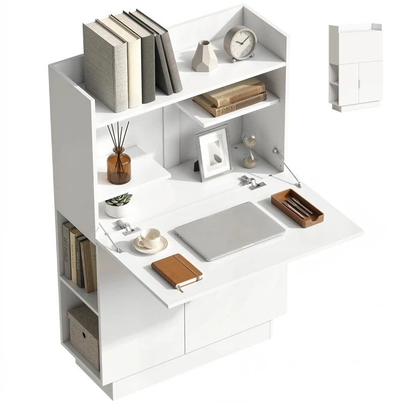 HOMCOM Secretária de computador dobrável, mesa de computador com tampo rebatível, prateleiras e armário, 80x30x128cm, branco