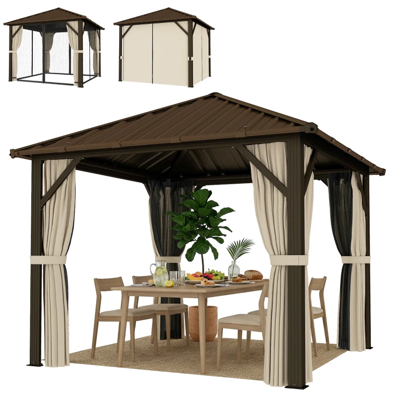 Outsunny Pavilhão de jardim aprox. 3 x 3 m, pavilhão de alumínio com teto em aço Hardtop, rede mosquiteira, 4 laterais, UPF50+