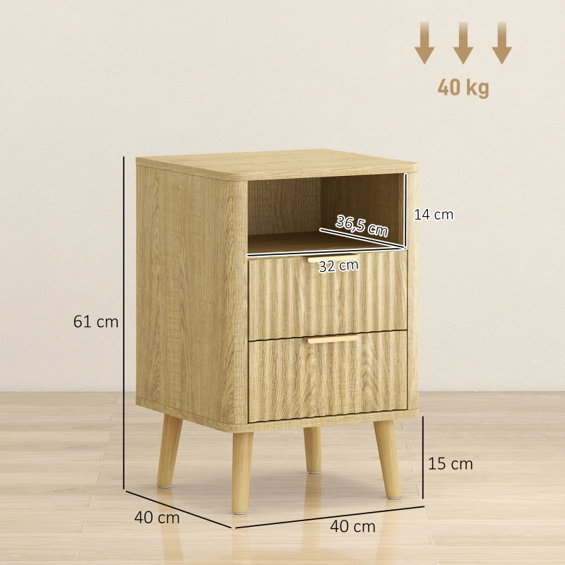 HOMCOM Lot de 2 tables de chevet, tables de nuit avec 2 tiroirs et compartiment ouvert, coins arrondis, 40 x 40 x 61 cm, chêne