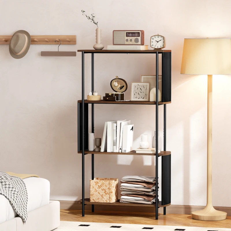 HOMCOM Estante de arrumação, estante/biblioteca de 4 níveis com painéis laterais curvados, estrutura em aço, 80x30x141cm, castanho
