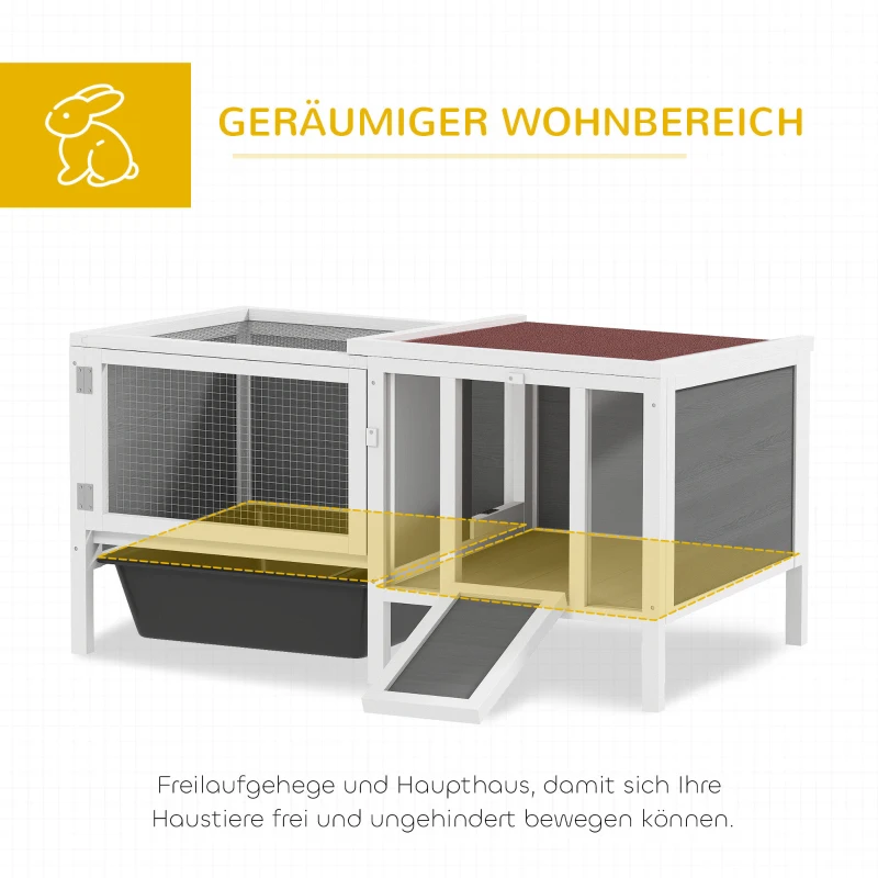 PawHut Hasenstall Kaninchenstall aus Holz mit Freilaufgehege, Rampe, 3 Eingängen, Ausziehschale, 105 x 57,5 x 51,5 cm Grau