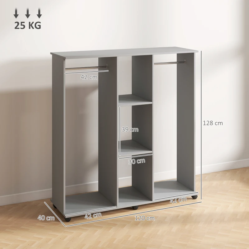 HOMCOM Armário guarda‑roupa móvel de arrumação 6 rodas 120 x 40 x 128 cm em madeira cinza