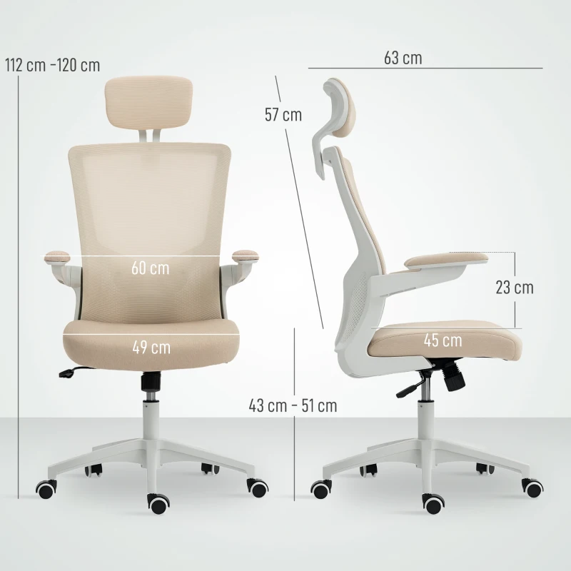 HOMCOM Cadeira de escritório ergonômica, poltrona de escritório, apoios de braço rebatíveis, suporte lombar, encosto de cabeça, 60x63x120cm, bege