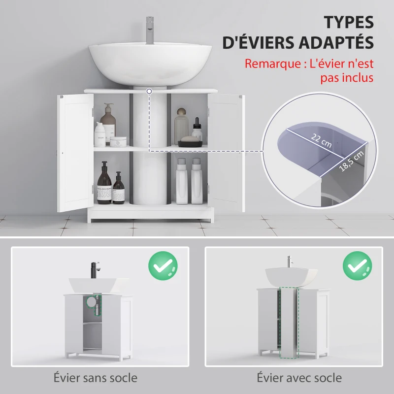 kleankin Meuble salle de bain sous lavabo - meuble sous-vasque - placard 2 portes avec étagère - dim. 60L x 30l x 60H cm - en bois blanc
