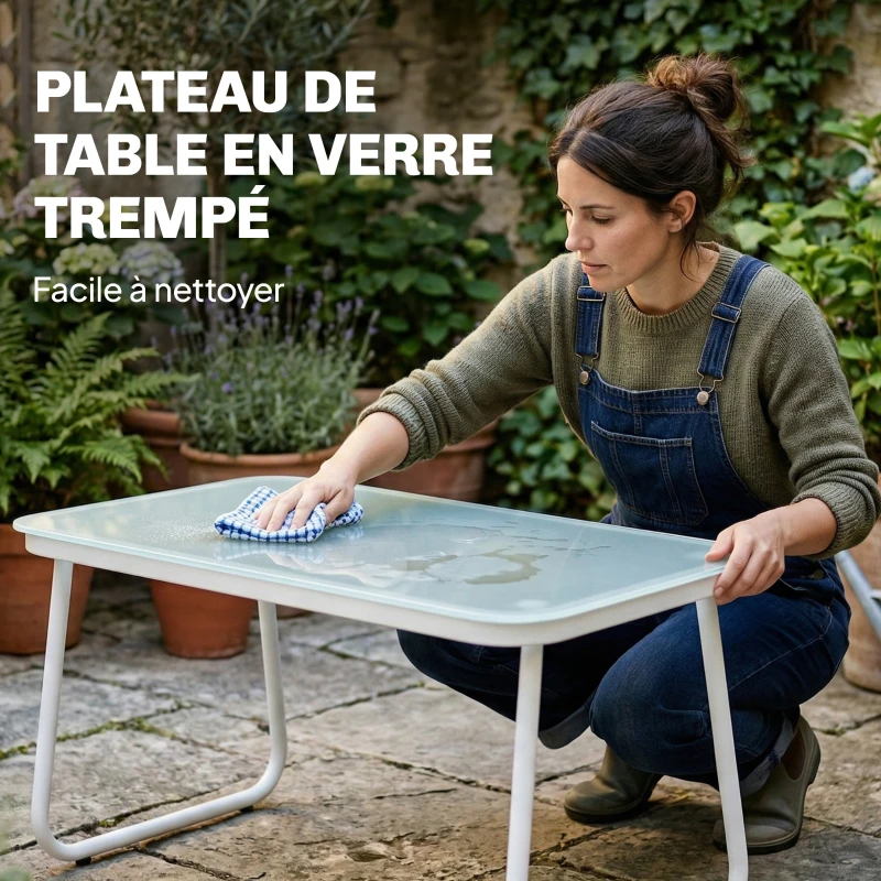 Outsunny Salon de Jardin 4 Pièces avec Canapé 2 Places, 2 Fauteuils et Table, en Acier Textilène Verre Trempé, 112x73x74 cm, Kaki