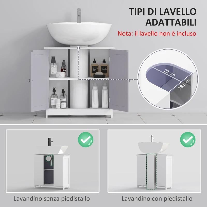 kleankin Mobile Sottolavabo per Bagno con Ripiano Regolabile, Mobiletto Sottolavabo con Intaglio a U, Mobile Bagno Moderno e Salvaspazio, Adatto a Lavabi a o senza Colonna, 60x30x60 cm, Bianco e Grigio