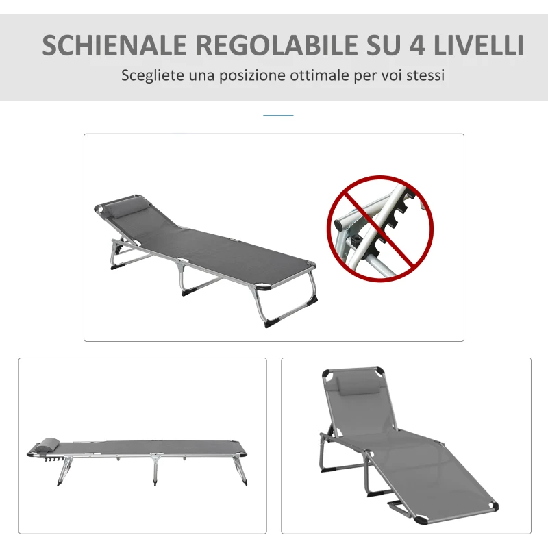Outsunny Sdraio Pieghevole con Poggiatesta e Schienale Regolabile in Alluminio 60x165x76cm Grigio