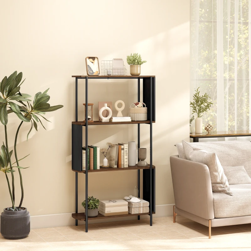 HOMCOM Estante de arrumação, estante/biblioteca de 4 níveis com painéis laterais curvados, estrutura em aço, 80x30x141cm, castanho