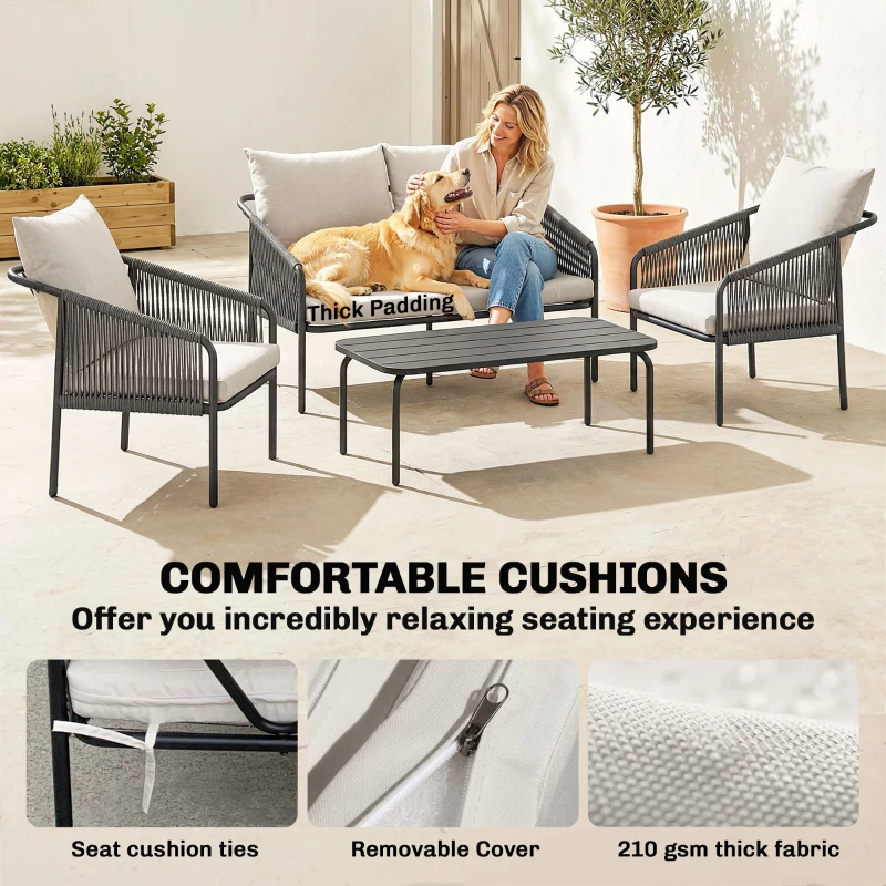 Outsunny Tuinmeubelset 4-delig polyrattan loungeset met tweezitsbank, 2 fauteuils, salontafel, afneembare kussens met banden