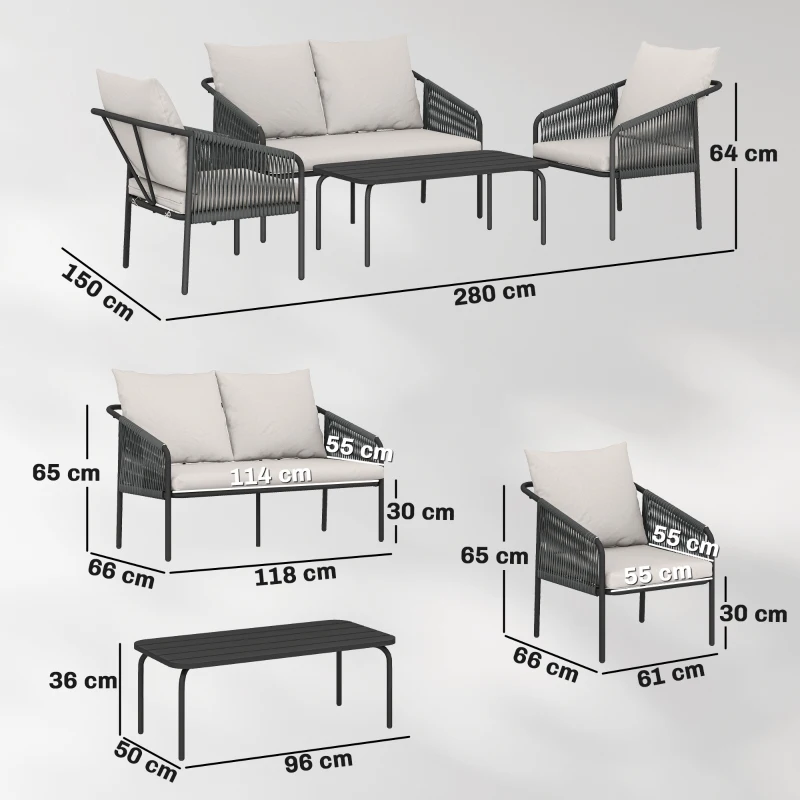 Outsunny Conjunto de mobiliário de jardim 4 peças Polyrattan Lounge-Set com sofá de dois lugares 2 poltronas mesa de centro almofadas removíveis fitas de fixação