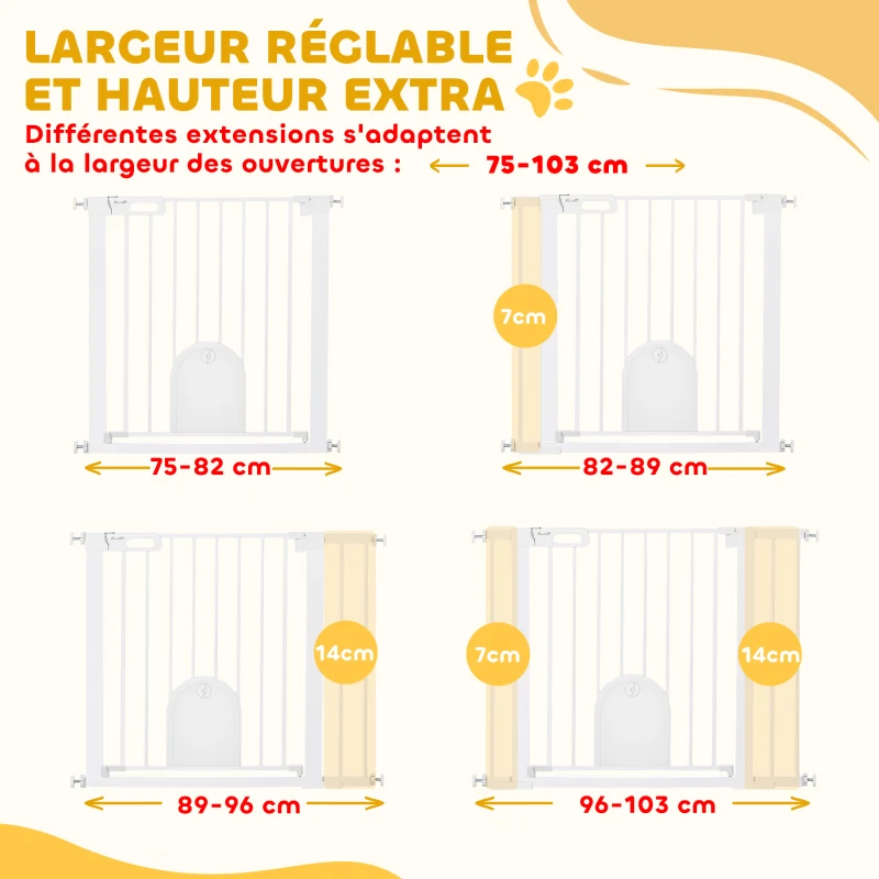 PawHut Barrière de sécurité animaux avec porte fermeture automatique système de double verrouillage, acier blanc