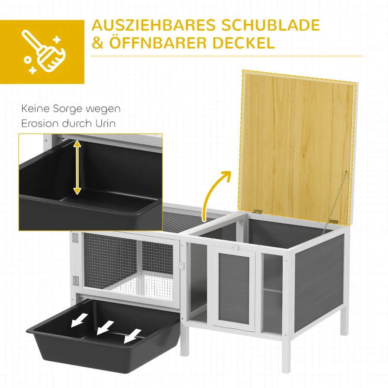 PawHut Hasenstall Kaninchenstall aus Holz mit Freilaufgehege, Rampe, 3 Eingängen, Ausziehschale, 105 x 57,5 x 51,5 cm Grau