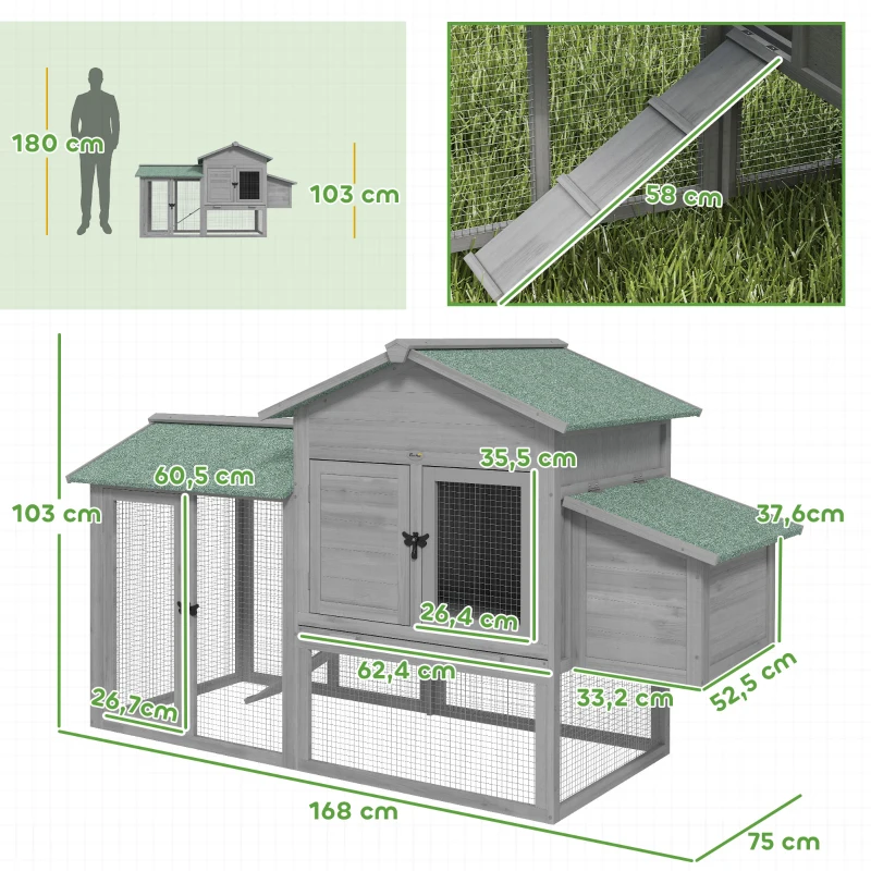 PawHut Galinheiro em Madeira Casa de Galinhas com Recinto Externo Ninho Rampa Bandeja Deslizante para 2-4 Galinhas 168x75x103cm Cinza