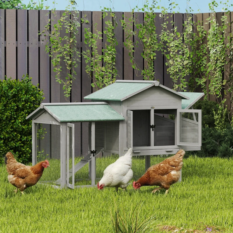 PawHut Galinheiro em Madeira Casa de Galinhas com Recinto Externo Ninho Rampa Bandeja Deslizante para 2-4 Galinhas 168x75x103cm Cinza