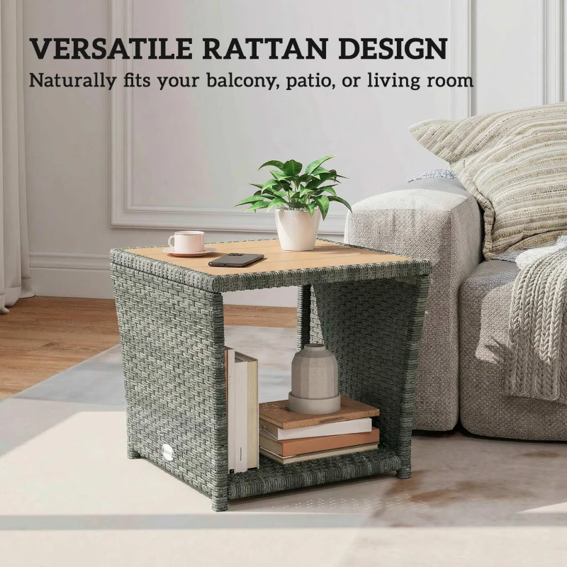 Outsunny Side Table 2-Tier Outdoor Coffee Table with Storage Shelf PS Wood Slat Top/Light Grey