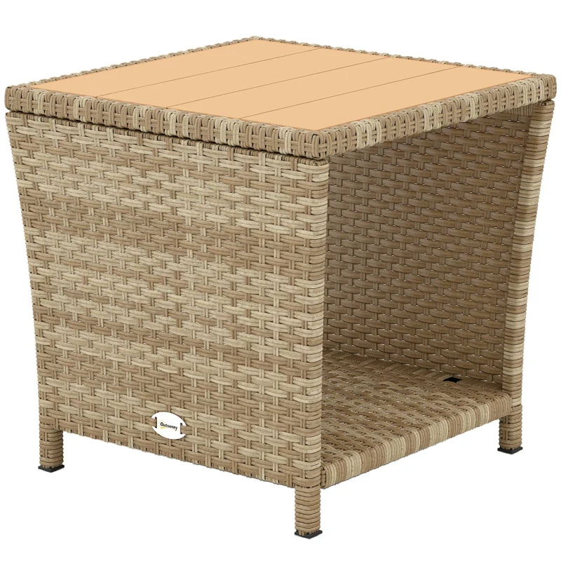 Outsunny Side Table 2-Tier Outdoor Coffee Table with Storage Shelf PS Wood Slat Top/Khaki