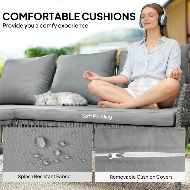 Outsunny 3 Piece Rattan Garden Furniture Corner Sofa Set with Chaise Lounge, Loveseat, Glass Coffee Table, Cushions, Dark Grey