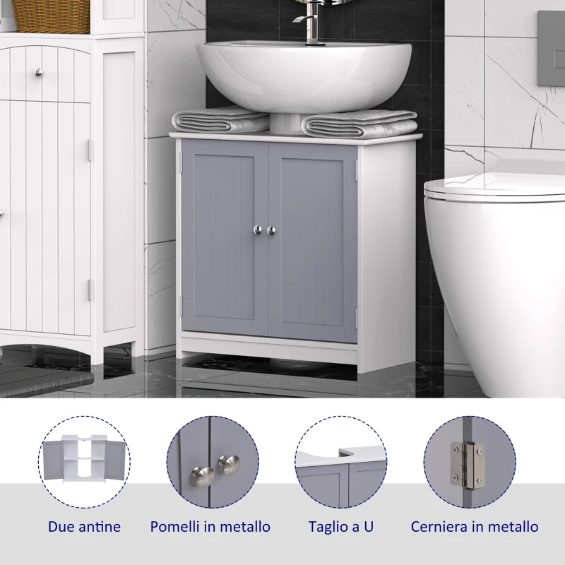 kleankin Mobile Sottolavabo per Bagno con Ripiano Regolabile, Mobiletto Sottolavabo con Intaglio a U, Mobile Bagno Moderno e Salvaspazio, Adatto a Lavabi a o senza Colonna, 60x30x60 cm, Bianco e Grigio