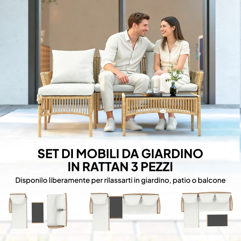 Outsunny Set da Giardino 3 Pezzi con Divanetto, Chaise Longue e Tavolino da Caffè, in Acciaio e Rattan PE, Crema