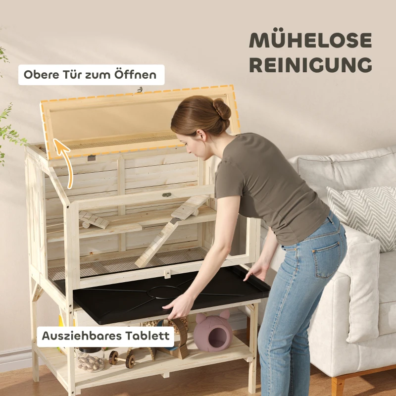 PawHut Hamsterkäfig, 2 Ebenen, Kleintierkäfig mit Aufbewahrungsfach, Zubehör, 84 x 53 x 110 cm, Naturholz