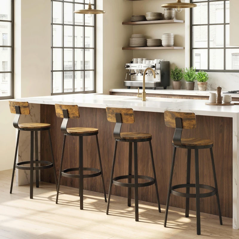 HOMCOM 2er-Set rustikale Barhocker mit Fußstütze, in Holz- und Metalloptik, 37x47x96 cm, Braun