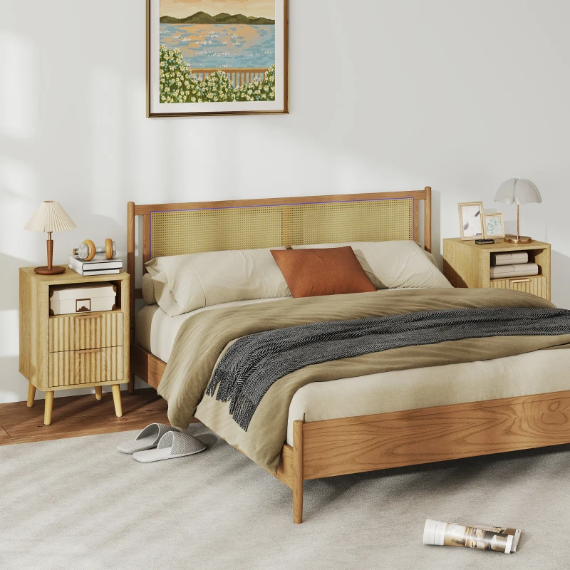 HOMCOM Conjunto de 2 Mesas de Cabeceira Mesas de Noite com 2 Gavetas e Compartimento Aberto Cantos Arredondados 40x40x61 cm Carvalho