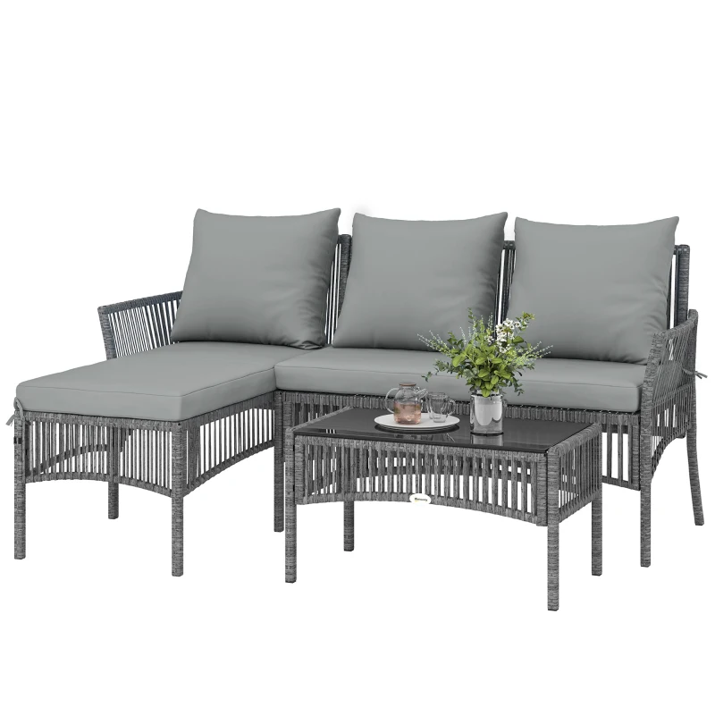 Outsunny 3 Piece Rattan Garden Furniture Corner Sofa Set with Chaise Lounge, Loveseat, Glass Coffee Table, Cushions, Dark Grey
