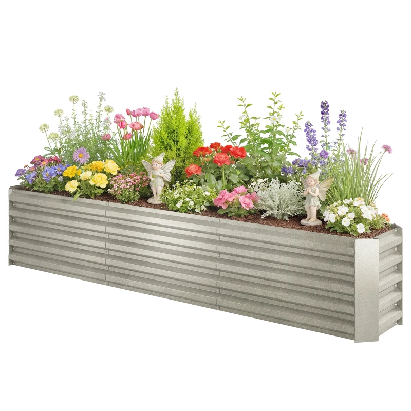 Outsunny Canteiro Quadrado Canteiro Elevado Aço Galvanizado Barras de Suporte e Placas de Canto Fundo Aberto 240x40x45 cm Cinza e Prata