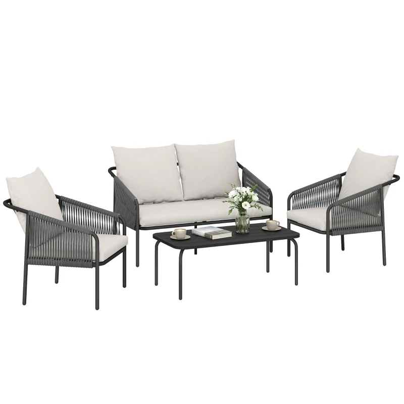 Outsunny Conjunto de mobiliário de jardim 4 peças Polyrattan Lounge-Set com sofá de dois lugares 2 poltronas mesa de centro almofadas removíveis fitas de fixação