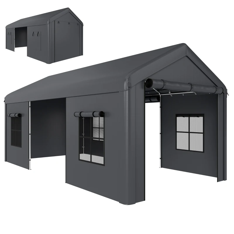Outsunny 3 x 6 m Heavy Duty Carport, Portable Garage Car Canopy Tent with Galvanised Frame, Doors, Windows, Dark Grey