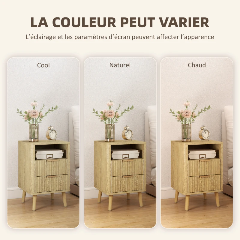 HOMCOM Lot de 2 tables de chevet, tables de nuit avec 2 tiroirs et compartiment ouvert, coins arrondis, 40 x 40 x 61 cm, chêne
