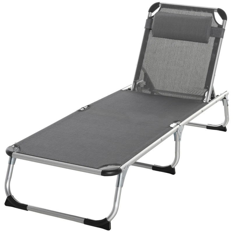 Outsunny Șezlong Pliabil cu Tetieră și Spătar Reglabil din Aluminiu 60x165x76cm Gri