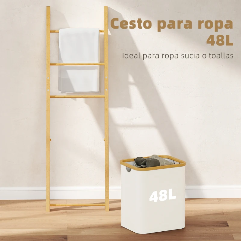 HOMCOM Estantería para Baño de Bambú Toallero de Pie con 3 Barras Cesto para Ropa Sucia Extraíble de 48 L Crema