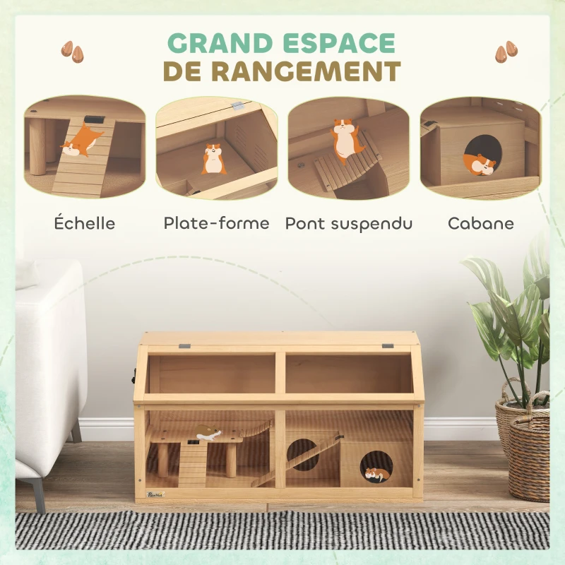 PawHut Cage hamster en bois habitat grand pour rongeur ventilation couvercle ouvrant et accessoires 85x45x44cm bois naturel