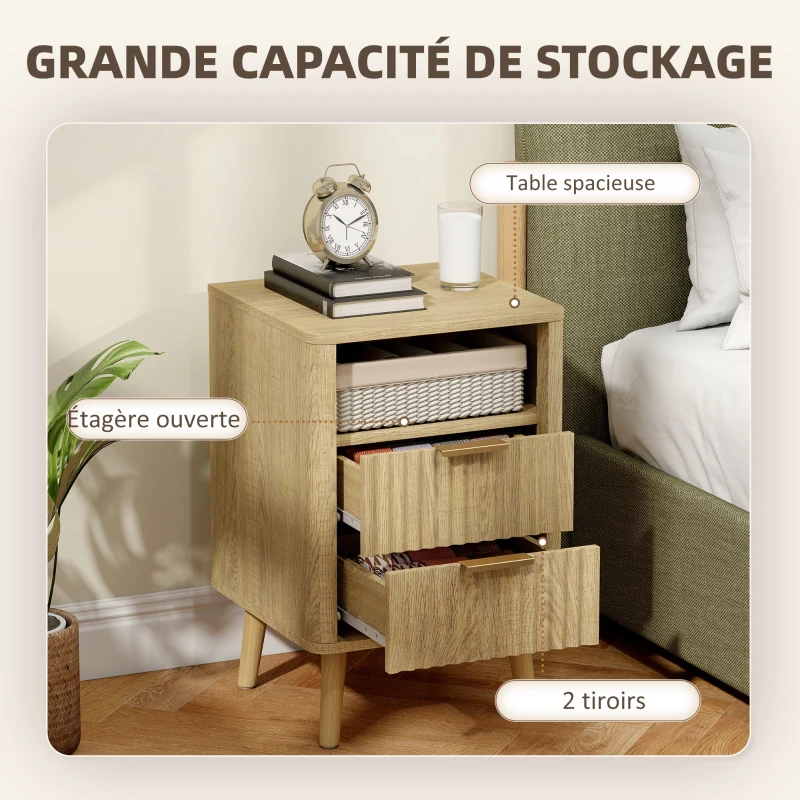 HOMCOM Lot de 2 tables de chevet, tables de nuit avec 2 tiroirs et compartiment ouvert, coins arrondis, 40 x 40 x 61 cm, chêne