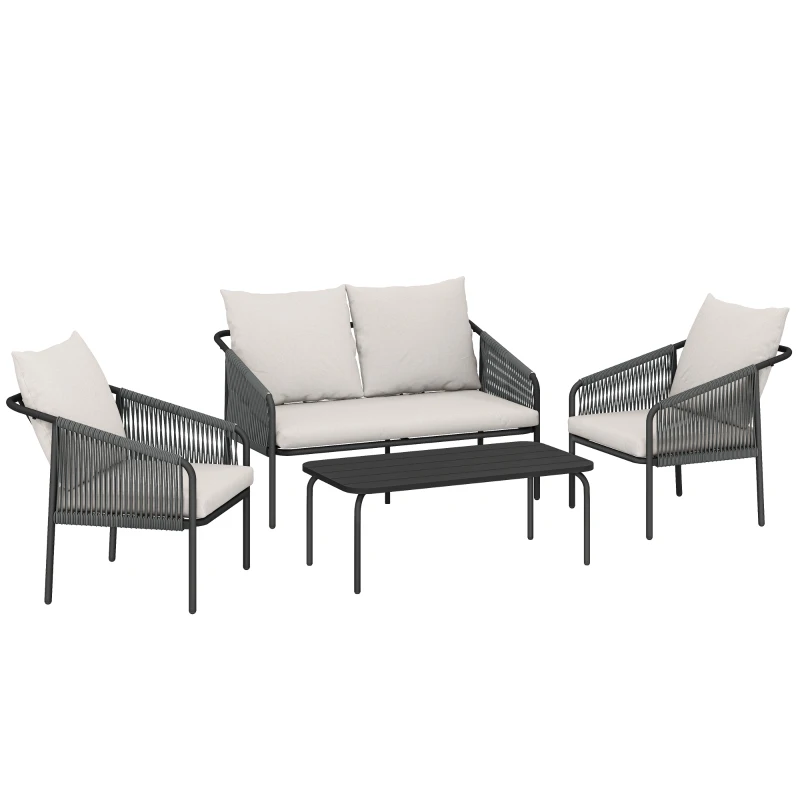 Outsunny Ensemble de jardin 4 pièces Polyrattan salon avec canapé 2 places 2 fauteuils table basse coussins amovibles sangles