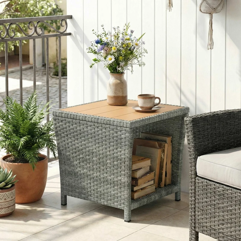Outsunny Side Table 2-Tier Outdoor Coffee Table with Storage Shelf PS Wood Slat Top/Light Grey