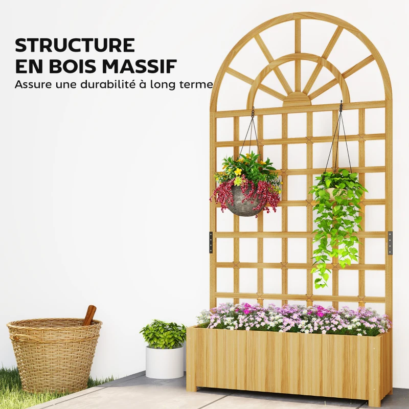 Outsunny Jardinière avec treillis, bac à fleurs, avec trous de drainage, en bois massif, 90 x 30 x 180 cm, effet bois naturel