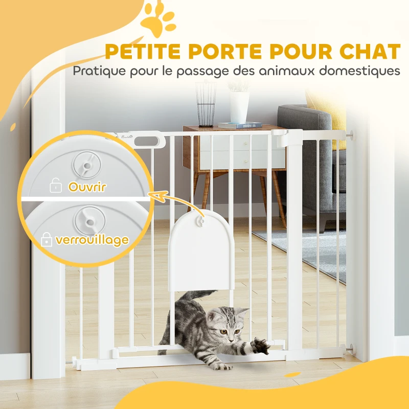 PawHut Barrière de sécurité animaux avec porte fermeture automatique système de double verrouillage, acier blanc