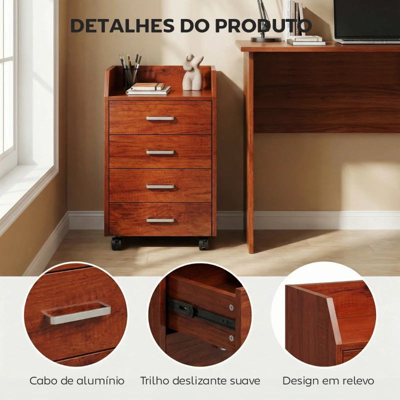Vinsetto Bloco de Gavetas de Escritório com Rodas 4 Gavetas Organizador Móvel 40x36x65 cm Castanho