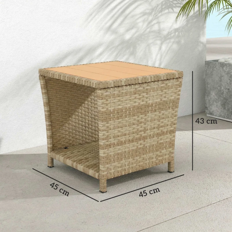 Outsunny Side Table 2-Tier Outdoor Coffee Table with Storage Shelf PS Wood Slat Top/Khaki