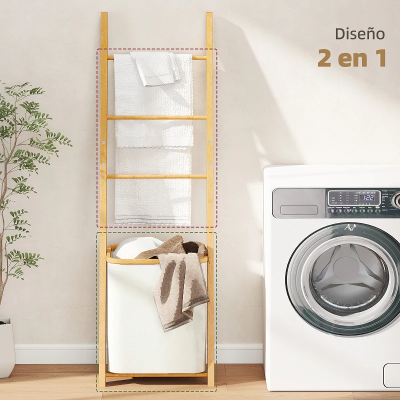 HOMCOM Estantería para Baño de Bambú Toallero de Pie con 3 Barras Cesto para Ropa Sucia Extraíble de 48 L Crema