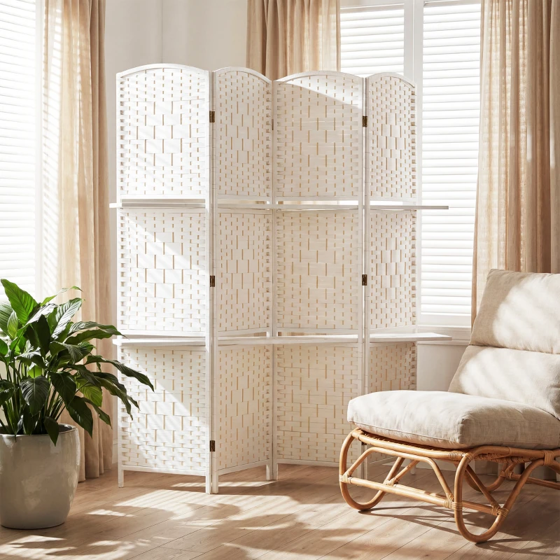 HOMCOM Biombo separador de ambiente 4 painéis 160 x170 cm com 2 prateleiras, dobrável, em madeira