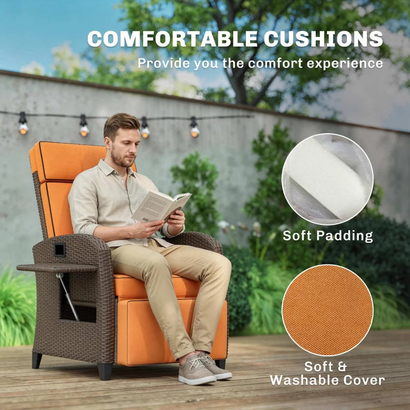 Outsunny Garden Recliner with Cushion, Outdoor Recliner Chair with Adjustable Backrest & Footrest, Side Tray, Orange