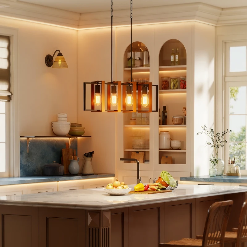 HOMCOM Suspension luminaire moderne, lustre plafonnier avec 4 cadres rotatifs et hauteur réglable, 80 x 21 x 90-130 cm, noyer