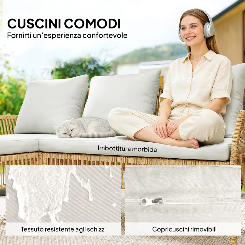 Outsunny Set da Giardino 3 Pezzi con Divanetto, Chaise Longue e Tavolino da Caffè, in Acciaio e Rattan PE, Crema