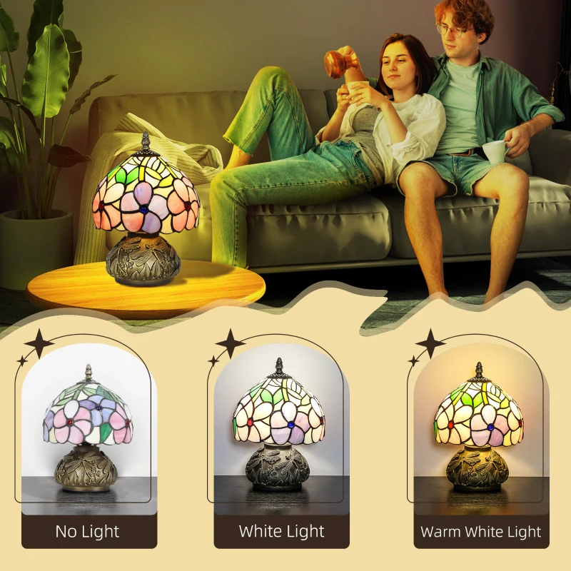HOMCOM Tiffany-Style Table Lamp with Sculpted Dragonfly Base, Handcrafted Antique Stained Glass Bedside Lamp for Living Room and Bedroom, E27 Socket, Pink